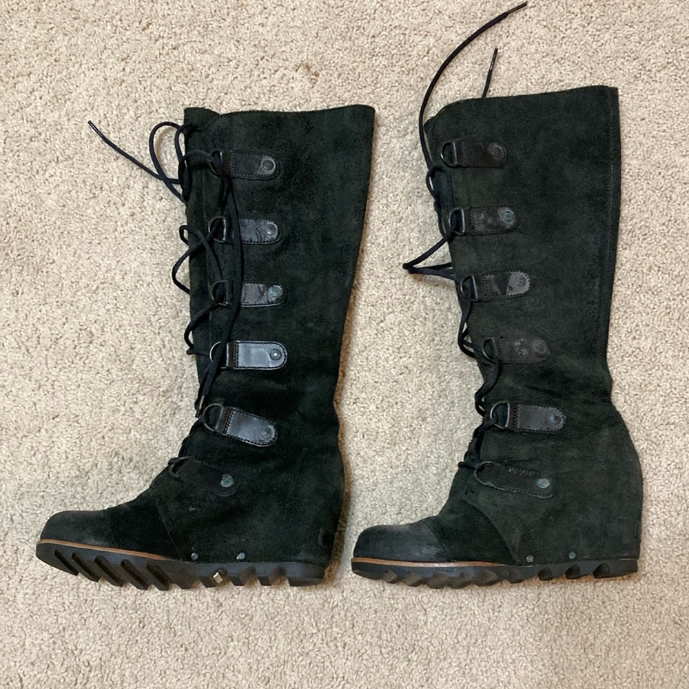 Rare Sorel Joan of Arctic Tall Lace Up Boots Black Suede 6.5